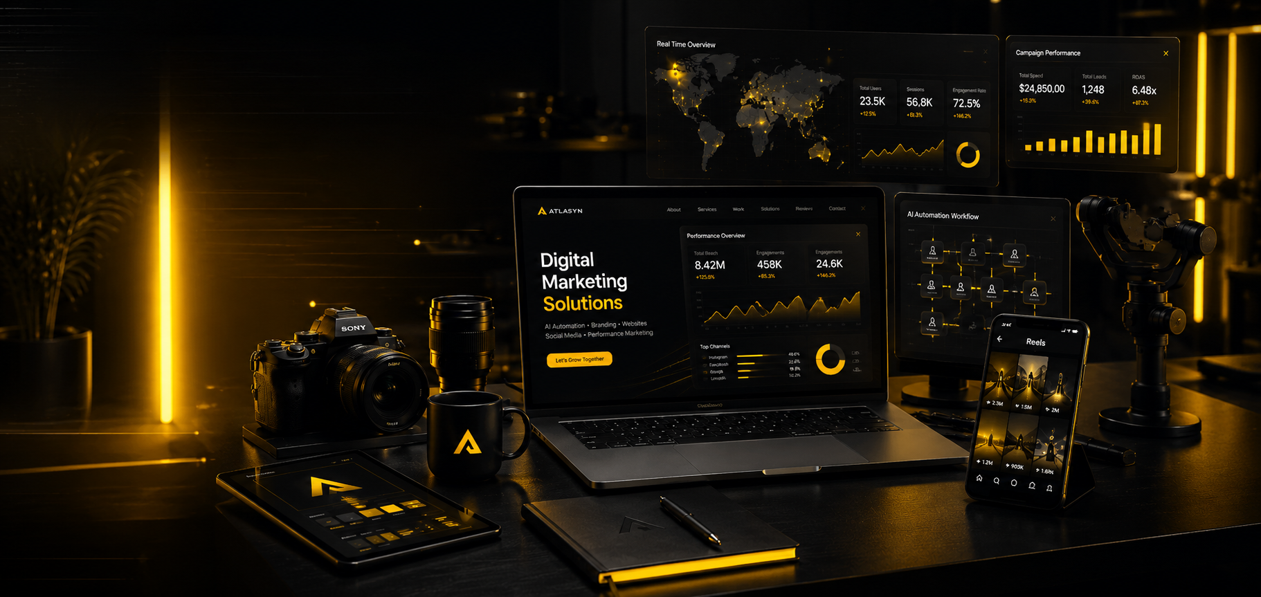 Atlasyn Studio — AI digital marketing agency in Chennai dashboards and creative workspace
